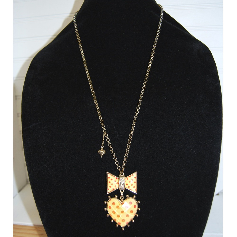 Betsey Johnson Vintage Y2K Bow & Heart Charm Necklace Ivy‎ League Polka Dot Long